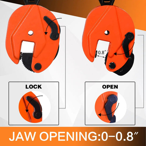 Heavy Duty Vertical Plate Lifting Clamp Built Like A Tank For Serious Sheet Metal Work featuring adjustable 0-0.8 inch jaw opening in orange.