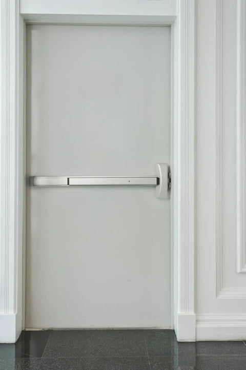 Built Tough Aluminum Rim Panic Exit Device With Storeroom Lever Trim Handle Easy Grip Operation Reversible Left Or Right Hand Swing Fits 36 To 42 Inch Doors For Secure Entry on a white door.