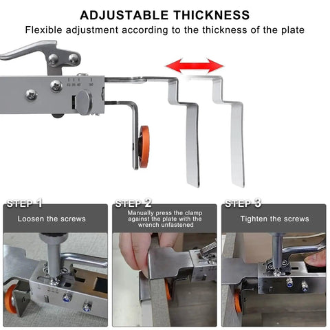 No Sweat Drawer Front Installation Clamps With Quick Release Bow Clips One Click Locking System, showing adjustable thickness for effective cabinet alignment.