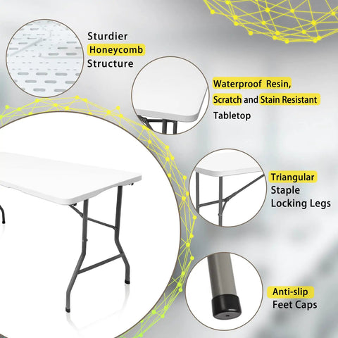 Diagram showing Portable Plastic Folding Table 5 Feet For Camping Picnics Parties And Dining Durable HDPE Surface With Heavy Duty Steel Legs Waterproof Scratch Resistant Non Marring Feet Easy Setup For Indoor And Outdoor Use Go Anywhere, highlighting the honeycomb structure, waterproof tabletop, locking legs, and anti-slip feet caps.