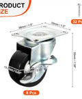 Rock Solid Universal One Inch Caster Wheels Set Of Eight Featuring Silky Smooth Ball Bearings For True 360 Degree Swivel Action In Matte Black, detailed size measurements.