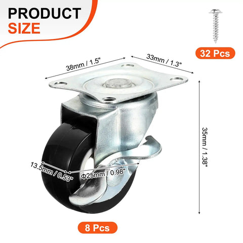 Rock Solid Universal One Inch Caster Wheels Set Of Eight Featuring Silky Smooth Ball Bearings For True 360 Degree Swivel Action In Matte Black, detailed size measurements.