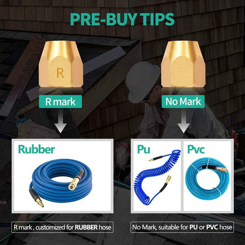 Comparison of hose ends and compatibility with rubber, PU, and PVC hoses, featuring Two Pack Premium Solid Brass Pneumatic Reusable Hose End Repair Fittings With 3/8 Barb For 3/8 Inch ID Rubber Air Hose And 1/4 NPT Durable Corrosion Resistant Build For Quick DIY Repairs And Custom Lengths Save Money.