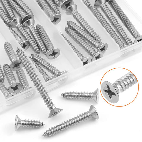 Workhorse Gauge 12 Wood Screws Assortment Kit, 54 Piece 304 Stainless Steel Phillips Countersunk Fasteners in a transparent case.