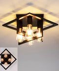 4 Light Industrial Ceiling Light In Matte Black With Open Frame Cage Design Semi Flush Mount Fixture glows warmly
