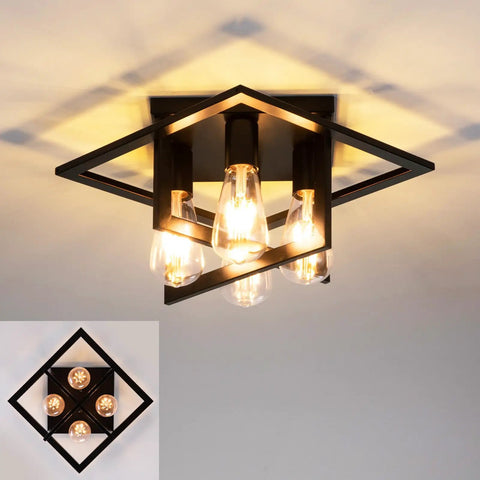 4 Light Industrial Ceiling Light In Matte Black With Open Frame Cage Design Semi Flush Mount Fixture glows warmly