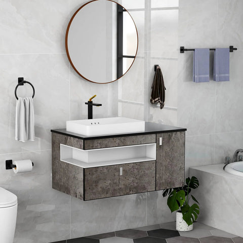 Modern bathroom with Matte Black 4 Piece Bathroom Hardware Set Including 24 Inch Towel Bar Towel Ring Toilet Paper Holder And Towel Hook