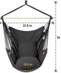 Dark grey hammock chair hanging rope swing with cushions, steel spreader bar, supports 500 lbs, indoor outdoor use, 37.8 by 53 inches.