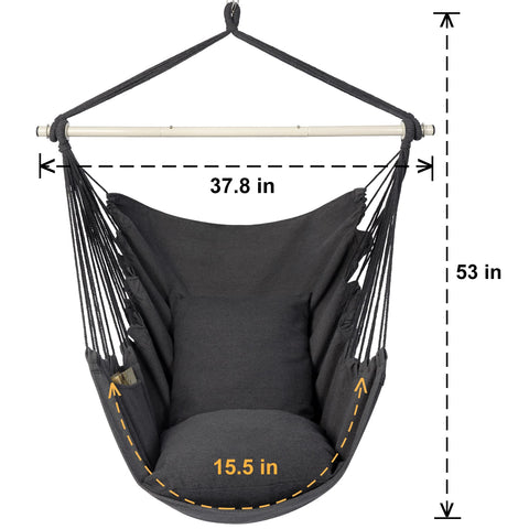 Dark grey hammock chair hanging rope swing with cushions, steel spreader bar, supports 500 lbs, indoor outdoor use, 37.8 by 53 inches.