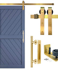Brushed Brass Gold Barn Door Hardware Kit No Fuss With 72 Inch Track System For Single Door, Heavy Duty Rail With Rollers, 12 Inch Door Handle, Floor Guide, Full Wall Mounting Hardware, Door Not Included.