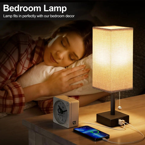 Gray Bedside Lamp With Dual USB Ports USB C And USB A For Nightstand Or Small Desk, lamp illuminating bedroom scene