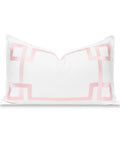 Coastal Outdoor Lumbar Pillow Cover 12x20 Inches Water Repellent with blush pink Greek Key frame and invisible zipper
