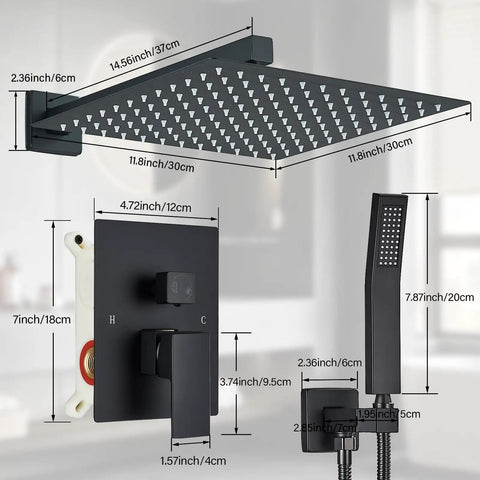 Matte Black Shower System With 12 Inch Rain Shower Head And Handheld Spray Brass Valves 14 Inch Shower Arm Wall Mounted