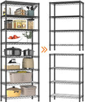 8 Tier Adjustable Metal Wire Storage Shelf Unit For Kitchen Garage And Laundry Beefy Build Sturdy Standing Rack With Rust Resistant Coating And 800lbs Total Capacity Easy Assembly Space Saving Organizer, black metal wire shelf shown with kitchen items