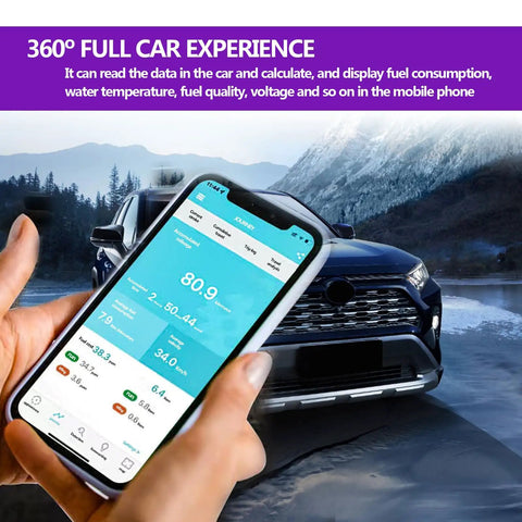 Plug And Play Wireless ELM327 OBDII Car Diagnostic Scanner And Bluetooth Code Reader displayed on phone with car in background.