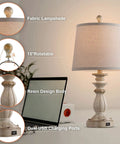 Farmhouse Style Table Lamps Set Of 2 With USB Charging Port White Washed Rustic 22 Inch Bedside Lamps Tapered Drum Shade