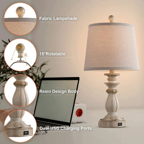 Farmhouse Style Table Lamps Set Of 2 With USB Charging Port White Washed Rustic 22 Inch Bedside Lamps Tapered Drum Shade