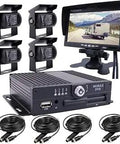4 Channel 1080P AHD Car DVR Kit With 7 Inch HD Monitor And 4 Waterproof Side And Rear View Cameras displayed with accessories.