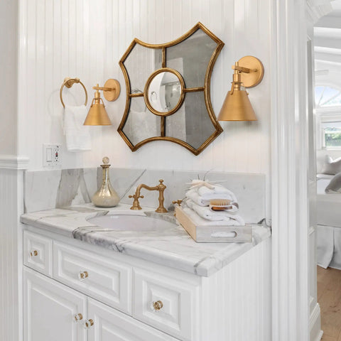 Gold Wall Sconce With Retro Chic Vintage Brass Finish Mid Century Modern Design Wall Mounted Light Fixture in bathroom