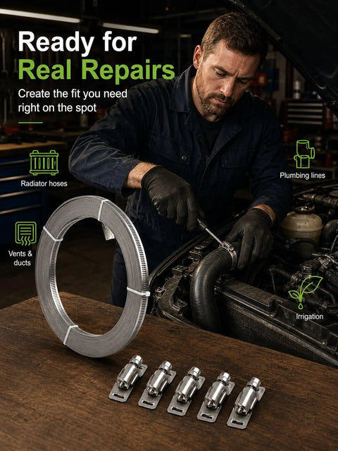 Heavy Duty Hose Clamp Roll Kit With Adjustable Metal Bands And Worm Gears For Custom Sizing, Secure Grip On Silicone Hoses And PVC Pipes, Ultimate Band Fittings Strap Solution For Auto Repair And Plumbing Jobs, stainless band roll and clamps on workbench
