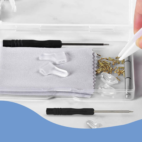 No Sweat Gold Eyeglass Repair Tool Kit With Heavy Duty Screwdriver Set Loaded With Tiny Screws, air cushion pads, and microfiber cloth.