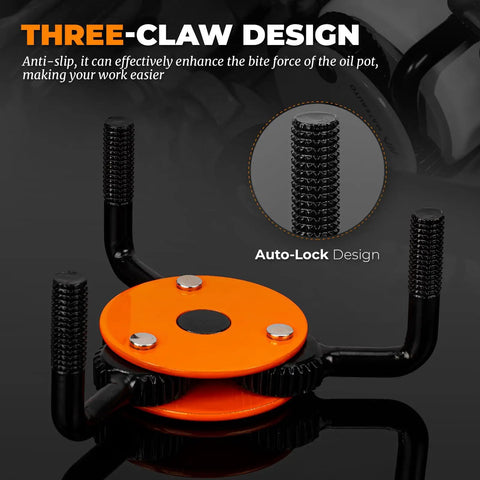 Universal 3 Jaw Oil Filter Wrench Set With Gear Driven Heat Treated Steel Jaws For High Torque Removal Of Stubborn Filters, Adjustable Grip, Easy To Use Auto Maintenance Tool For Cars, Trucks And SUVs, three-claw auto-lock close-up