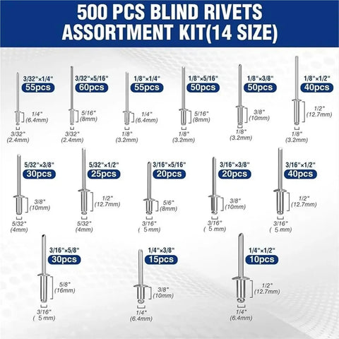 Bulk 500 Piece Aluminum Blind Rivets Kit With Dome Head Pop Rivets And Mandrel For Metal And Plastic Assembly Projects Built For Auto Repair, Construction, Home Improvement And Everyday DIY Hobby Use. 14-size assortment chart