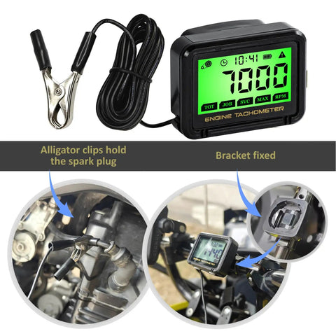 Digital Tachometer For Small Engines With LCD RPM Meter Hour Meter Waterproof Pulse Tach Replaceable Battery Boss For Lawn Mowers Dirt Bikes Boats Marine And UTVs 0 To 18,000 RPM Two Mode And Up To 36,000 RPM Three Mode Alarm Memory Auto Sleep