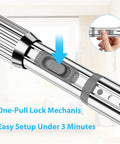 Heavy Duty No Drilling Shower Curtain Rod For Windows Or Patio Extends From 41 To 126 Inches with one-pull lock mechanism