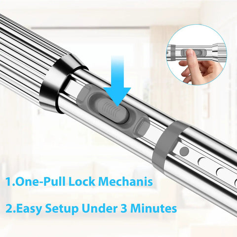 Heavy Duty No Drilling Shower Curtain Rod For Windows Or Patio Extends From 41 To 126 Inches with one-pull lock mechanism