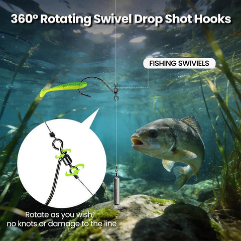 Zero Fuss Drop Shot Hooks And Pre Tied Spin Shot Rigs For Bass Fishing High Carbon Steel Build with 360° rotating swivel in water.