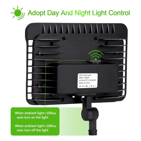 150W LED Flood Light With Dusk To Dawn Sensor, IP65 back view showing adjustable knuckle mount and sensor details.