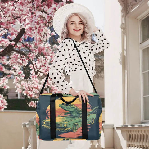 Woman holding Alligator Pattern Travel Duffel Bag For Men And Women Waterproof Gym Bag Carry On Weekender Overnight Foldable 18L Capacity Durable Sports Bag