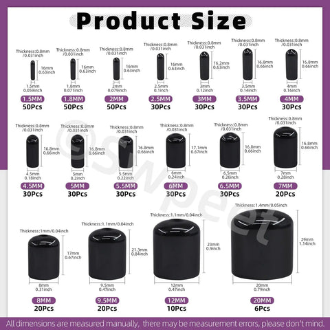 Image of Must Have 496 Piece Black Vinyl Rubber End Caps Kit With 17 Sizes From 1.5mm To 20mm For Round Tubes And Screws
