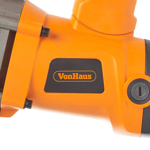 10 Amp Rotary Hammer Drill With Vibration Control Three Modes Demolition Kit close-up on orange casing and logo
