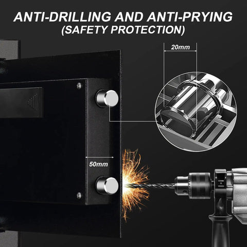 Close-up of fireproof 0.8 cu ft digital safe box showing anti-drilling and anti-prying features for enhanced security