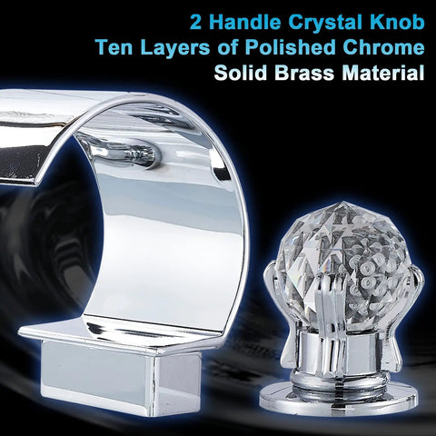 Close-up of chrome bathroom sink faucet with two crystal knobs, showcasing high arc waterfall spout and polished brass material.
