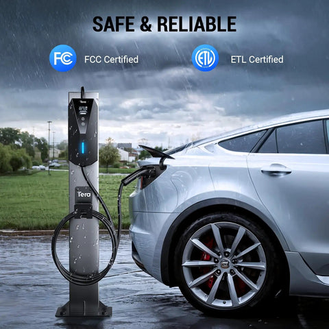 Portable Electric Car Charger For Level 1 And Level 2 EVs J1772 Compatible in use by a car in outdoor setting