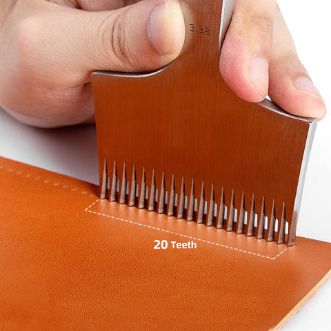 Using French Style 20 Tooth Pricking Iron Leather Chisel All Polished Punching Tool Kit Obverse 3.0 Mm for even stitch marks on leather.