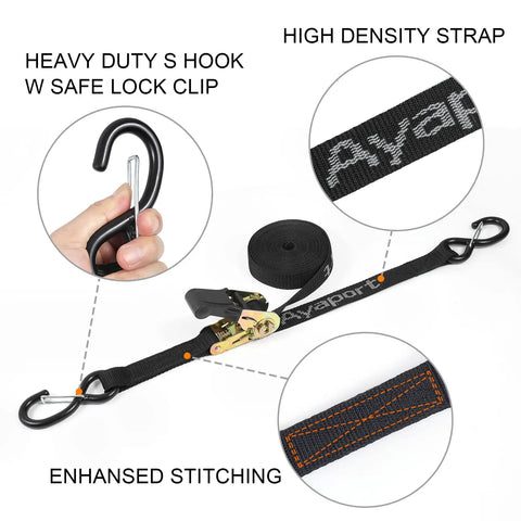Heavy Duty Ratchet Strap Tie Downs Kit With S Hooks 2500 Lb Break Strength For Truck Bed Motorcycle Roof Rack Cargo Securement Tailgate Style No Sweat Operation