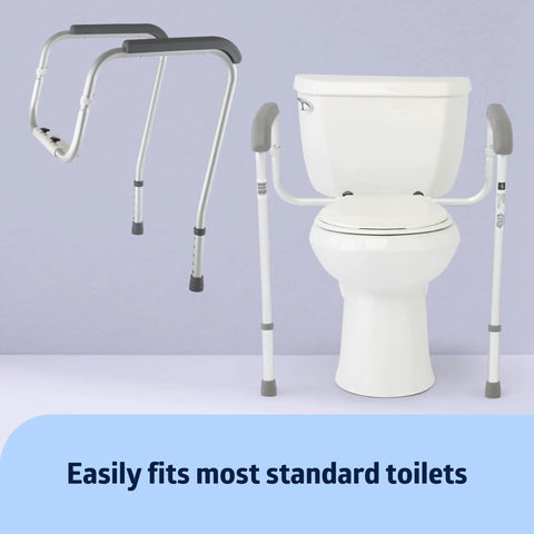 Rock Solid Aluminum Foldable Toilet Safety Rail With Sweet Comfort Handles for standard toilets, features adjustable height and fit.