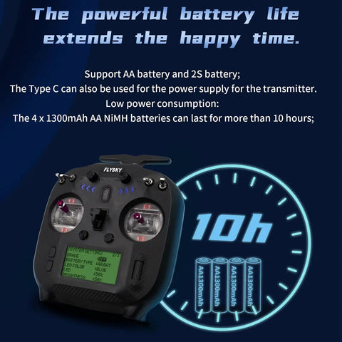 FS ST8 2.4GHz RC Transmitter 10 channels with FS SR8 Receiver, battery life display, AA and 2S battery support, 10-hour runtime