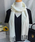 Winter Plaid Scarf For Men And Women, Comfy Cozy Warm Acrylic Knit, Lightweight Yet Soft On Skin, Classic Fall And Winter Accessory, Fade Resistant And Washable, White draped on mannequin over black top.
