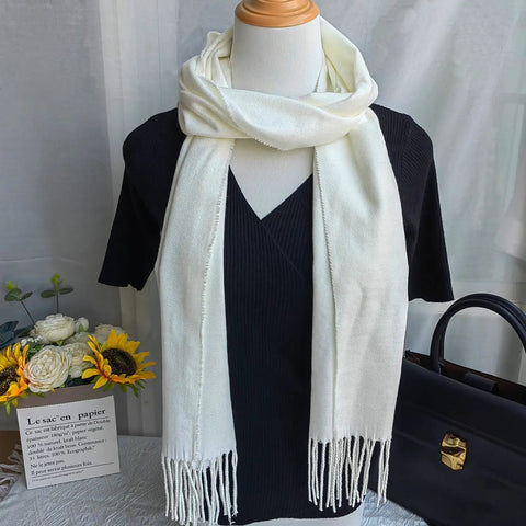 Winter Plaid Scarf For Men And Women, Comfy Cozy Warm Acrylic Knit, Lightweight Yet Soft On Skin, Classic Fall And Winter Accessory, Fade Resistant And Washable, White draped on mannequin over black top.