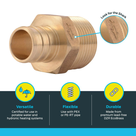 Three Quarter Inch Brass Crimp MNPT Male Adapter For PEX And PE-RT Pipes To FNPT Threaded Connections Copper Plumbing Fitting