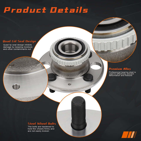 Detailed view of Rear Wheel Hub And Bearing Assembly With ABS For Acura Integra 1990-2001, Honda Civic Del Sol 1995-1997, And Honda Civic 1992-2000 4 Lug Rear Disc, OE Grade Replacement, Bolt-On Fit, Pair showcasing components like steel bolts and seal design.