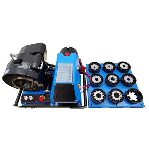 Beat The Clock With This Heavy Duty Portable Hydraulic Hose Crimper Tackling 0.39 To 2.4 Inch Rubber Lines Using Eight Swappable Dies And Pure 12V Shop Power, showcasing the device and interchangeable dies.
