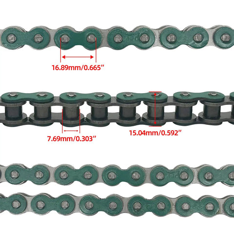 Heavy Duty 140 Link Roller Chain And Chain Breaker Kit For 50cc To 125cc Dirt Bikes ATVs Go Karts Scooters Pit Bikes Quads One Half Inch Pitch One Quarter Inch Roller Green with dimensions