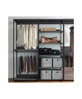 No-Fuss Heavy-Duty Modular Walk-In Closet Organizer Featuring Rustic Weathered Wood Panels with hanging clothes and storage boxes.