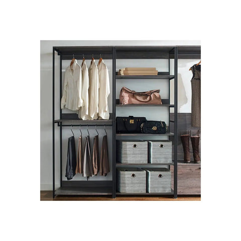 No-Fuss Heavy-Duty Modular Walk-In Closet Organizer Featuring Rustic Weathered Wood Panels with hanging clothes and storage boxes.